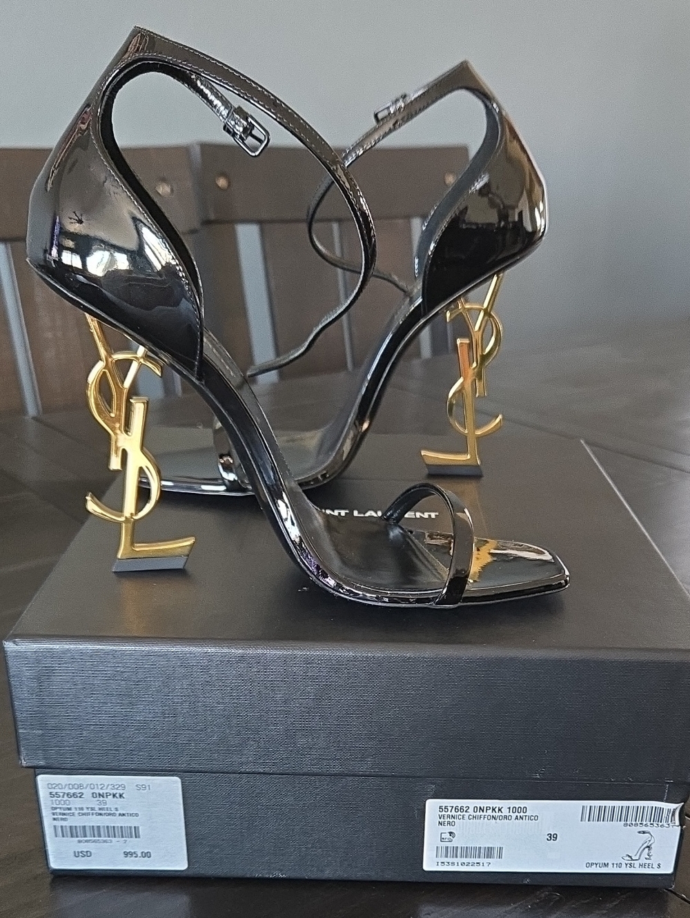 Saint Laurent Black Patent Tribute Heeled Sandals. Opyum 110 YSL heel.